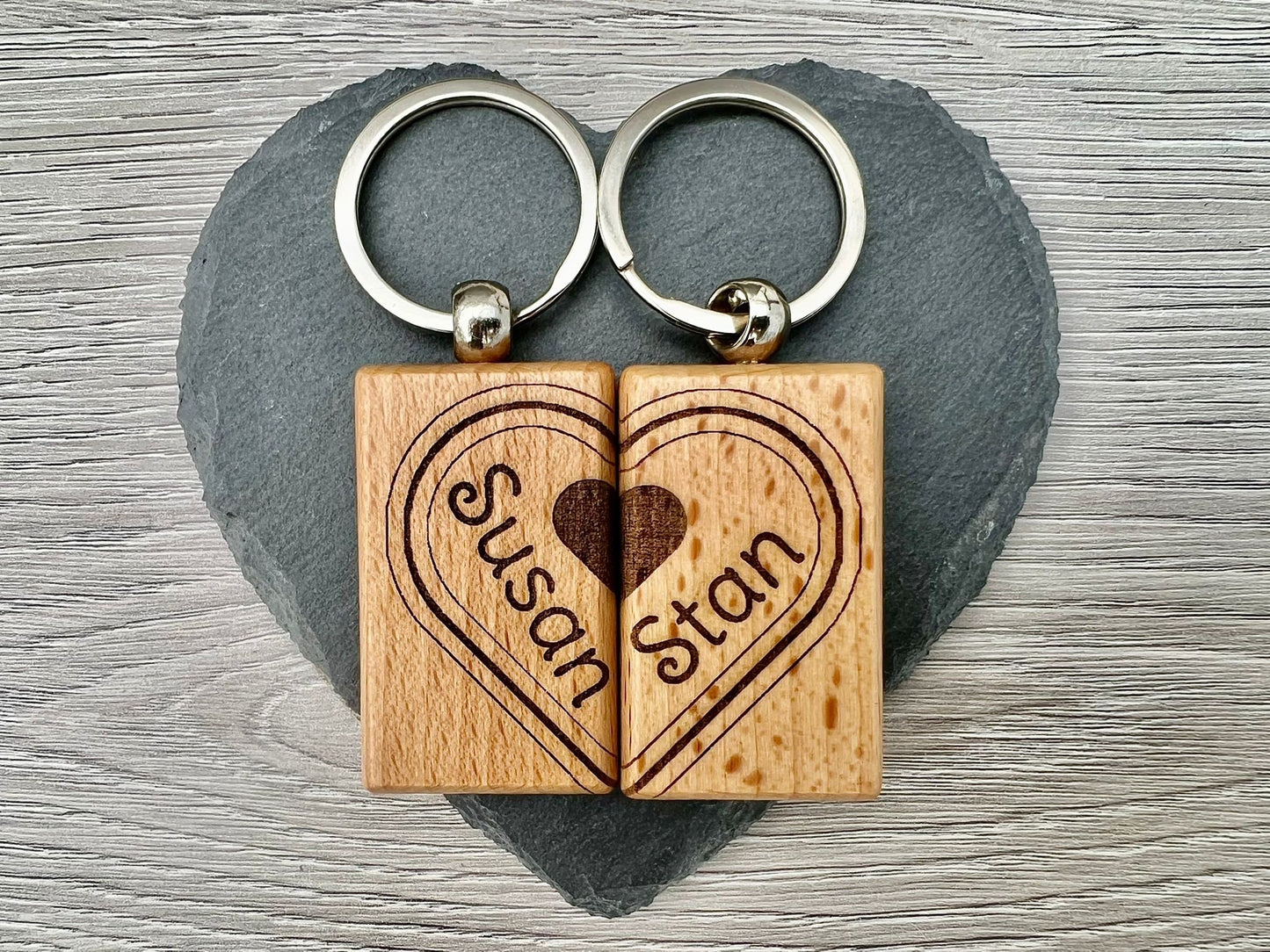 Matching wedding date keepsake keyrings in a handmade box, unique couples keychains.