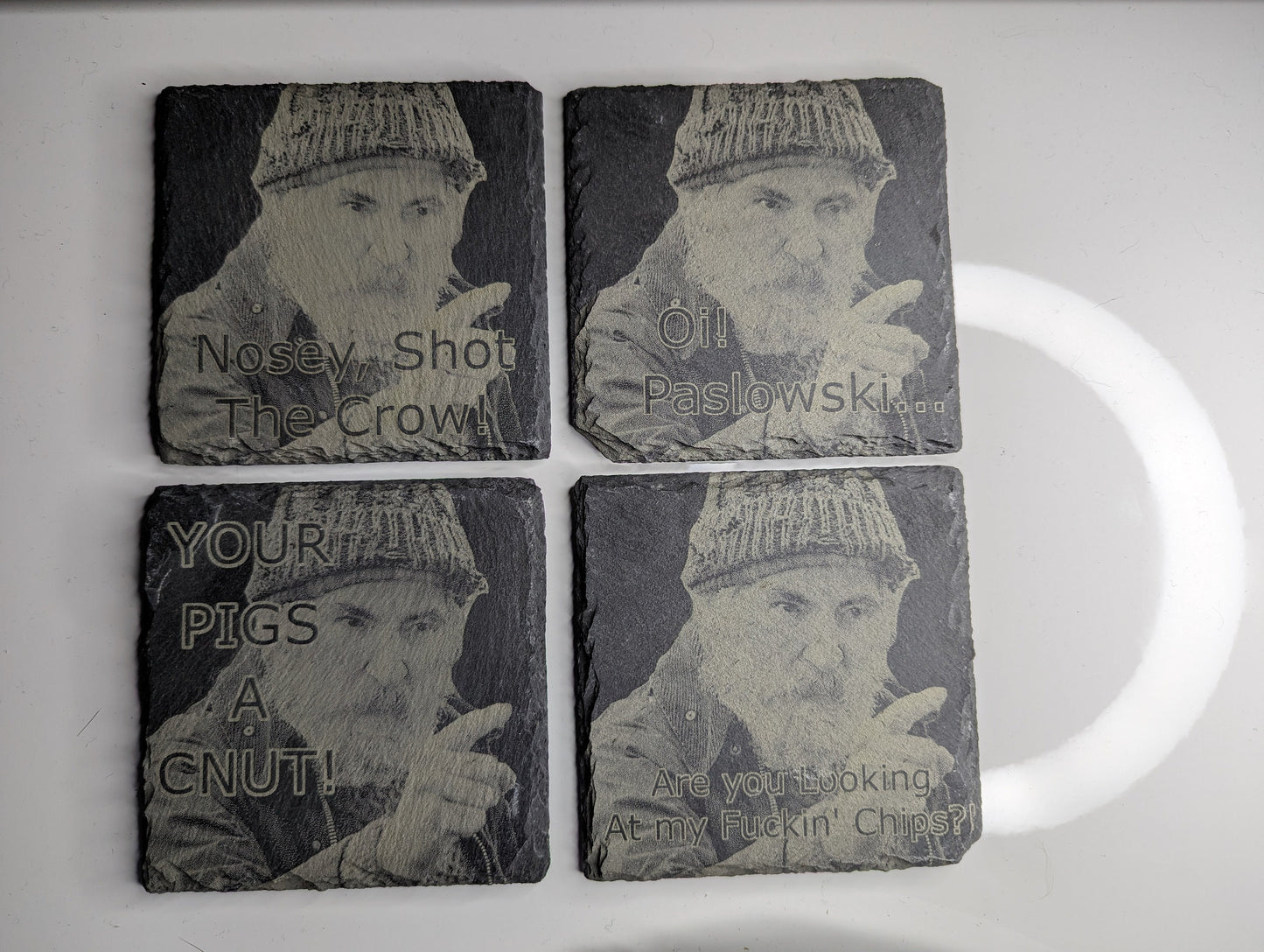 Brassic, Farmer Jim, Set of 4 Slate Coasters, Engraved, Photo, Gift, Novelty, Fan, Bar Decoration, Funny