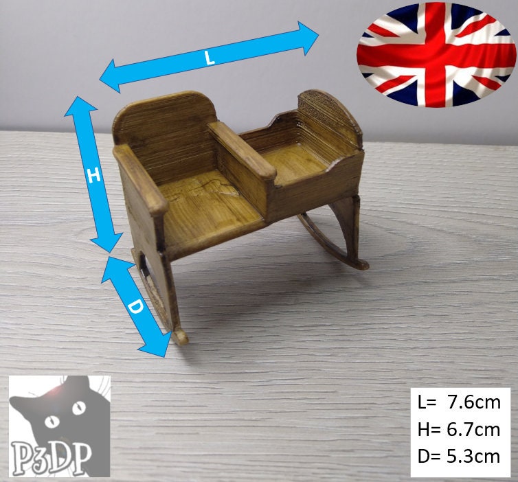 Penny3DPrints - STL, 1:12 Scale Dollhouse Rocking Crib in Rustic Georgian Style for Miniature Display