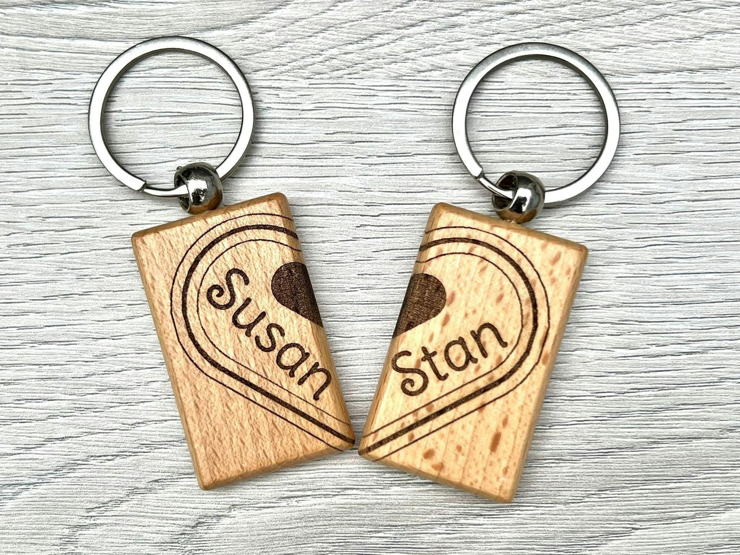 Matching wedding date keepsake keyrings in a handmade box, unique couples keychains.